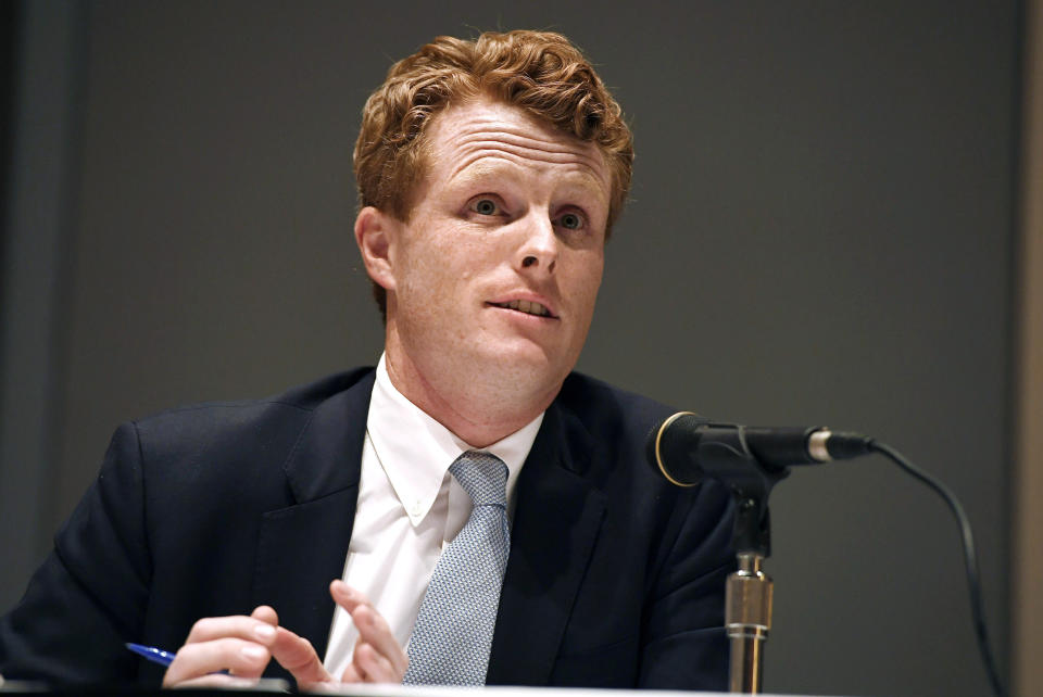 FILE - In this Sept. 14, 2019 file photo, U.S. Rep. Joe Kennedy III, speaks on a panel on race and politics at the Massachusetts Democratic Convention in Springfield, Mass. Kennedy plans to announce on Saturday, Sept. 21, that he will challenge U.S. Sen. Edward Markey, D-Mass., in the 2020 Democratic primary. (AP Photo/Jessica Hill, File)