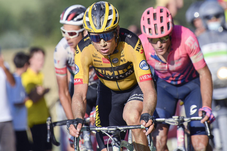 Belgium's Wout Van Aert leads the field during the "Strade Bianche" cycling race from Siena to Siena, Italy, Saturday, Aug. 1, 2020. (Fabio Ferrari/LaPresse via AP)