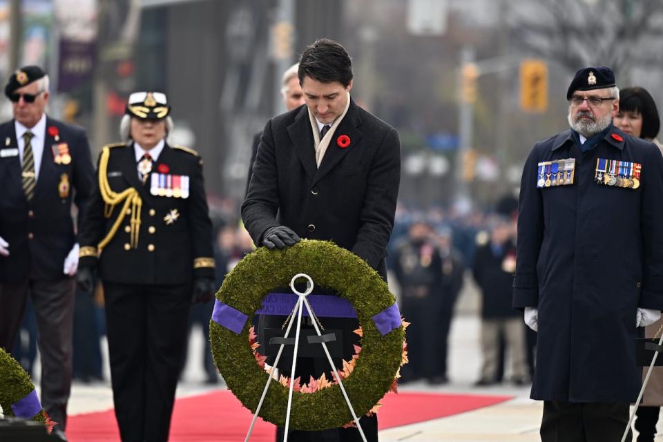 Prime Minister Justin Trudeau participates in the National Remembrance Day Ceremony in Ottawa on Saturday Nov. 11, 2023. THE CANADIAN PRESS/Justin Tang