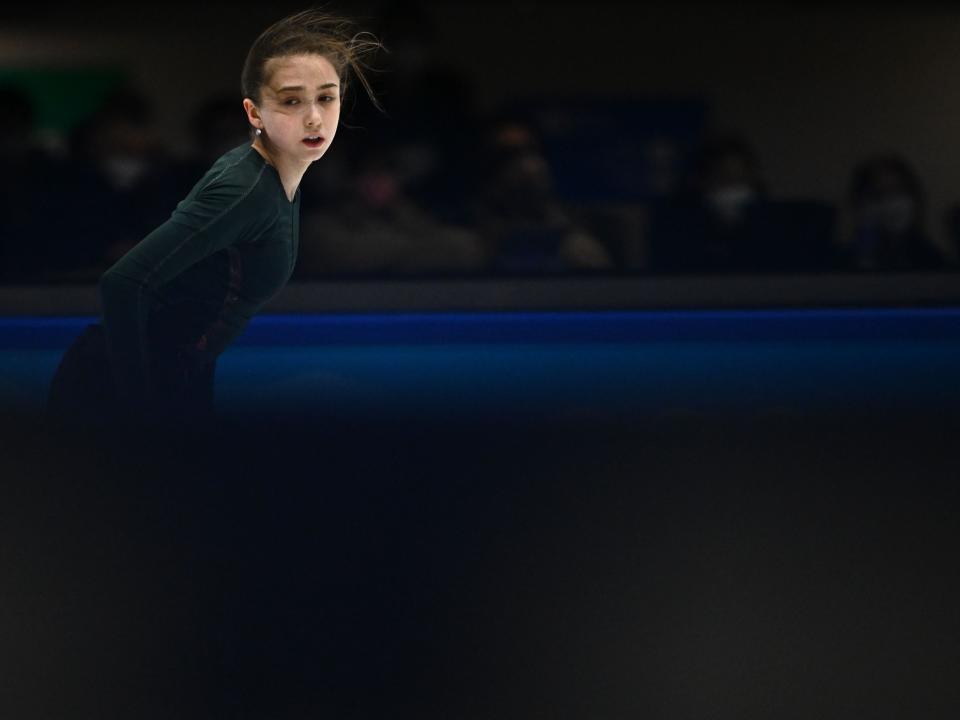 Russia’s Kamila Valieva attends a training session on 11 February 2022 prior the Figure Skating Event at the Beijing 2022 Olympic Games (AFP via Getty Images)