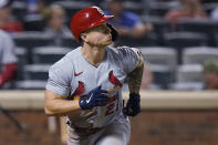 St. Louis Cardinals' Tyler O'Neill watches his two-run home run during the eighth inning of the team's baseball game against the New York Mets on Tuesday, Sept. 14, 2021, in New York. (AP Photo/Frank Franklin II)