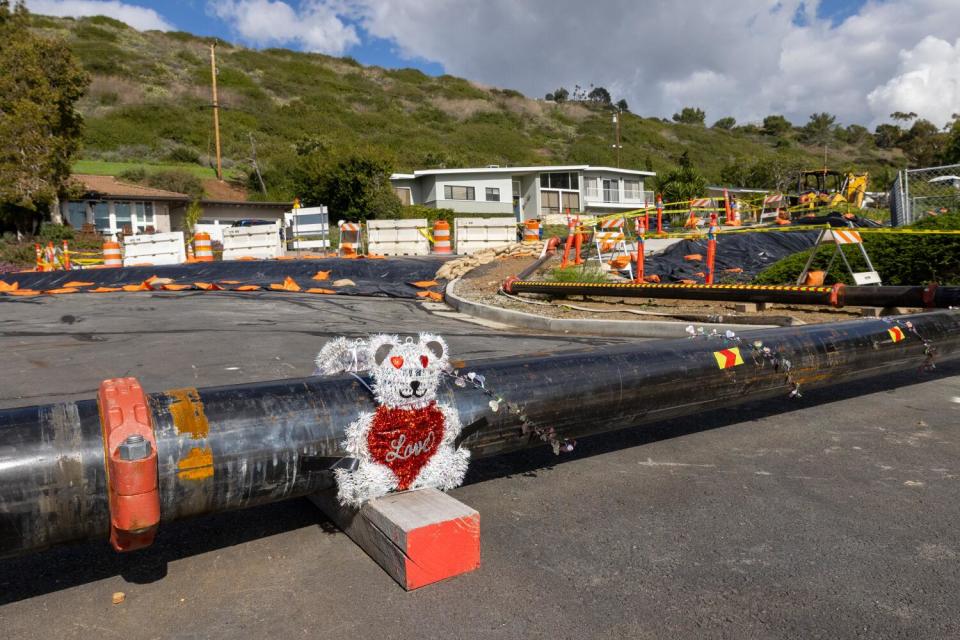 A teddy bear Valentine decoration is perched along rerouted water lines on a road with a grassy hill in the background.