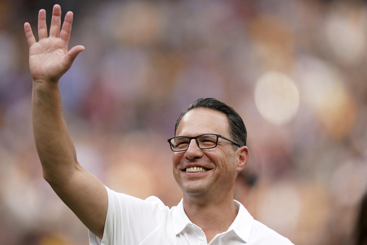 Pennsylvania Gov. Josh Shapiro stands on the field before a baseball game between the Pittsburgh Pirates and the Philadelphia Phillies Saturday, July 20, 2024, in Pittsburgh. (AP Photo/Matt Freed)