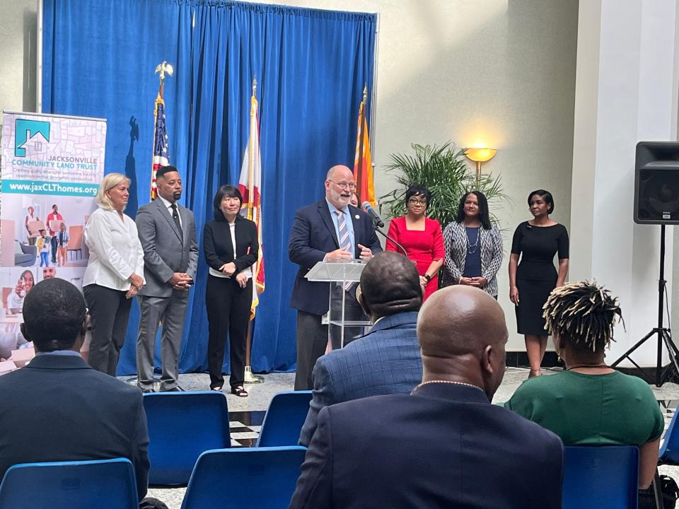 Steve Kelley speaks about the Jacksonville Community Land Trust, a program aimed to offer more affordable housing options for buyers, during the July 7 launch press conference.