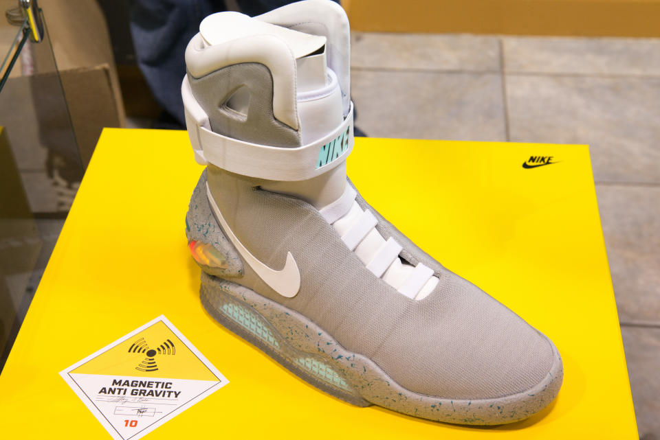 WASHINGTON, DC - DECEMBER 28: The Limited Edition 2011 NIKE MAG shoes are available for $5,000 at  Kickk Spott in Washington, D.C. on December 28, 2012. The shoes are a replica from the movie Back to the Future Part 2, worn the character Marty McFly by Actor Michael J. Fox. Kickk Spott is the only ultra-high end sneaker shop in the area, and the only one that does consignment as well.  (Photo by Marvin Joseph/The Washington Post via Getty Images)