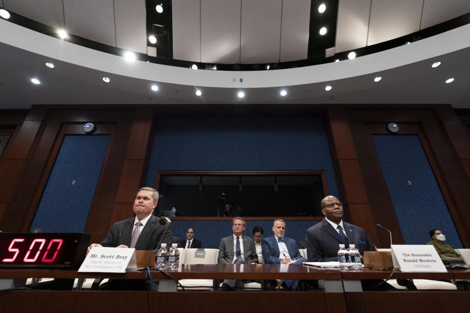 Deputy Director of Naval Intelligence Scott Bray, left, and Under Secretary of Defense for Intelligence and Security Ronald Moultrie speak during a hearing of the House Intelligence, Counterterrorism, Counterintelligence, and Counterproliferation Subcommittee hearing on 