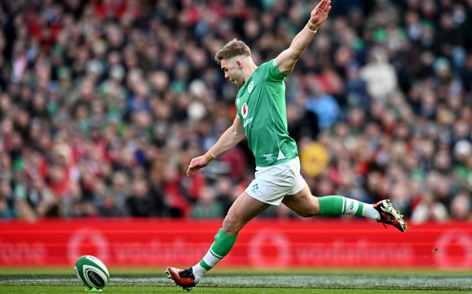 Jack Crowley of Ireland successfully coverts his penalty kick during the Six Nations match against Wales