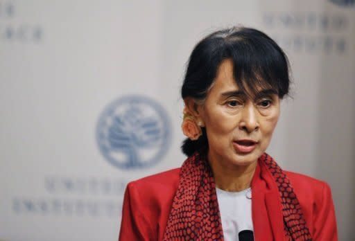 Myanmar member of parliament and democracy icon Aung San Suu Kyi speaks at the United States Institute of Peace in Washington, DC. The Nobel laureate, who spent 15 years under house arrest, thanked the United States for its years of support