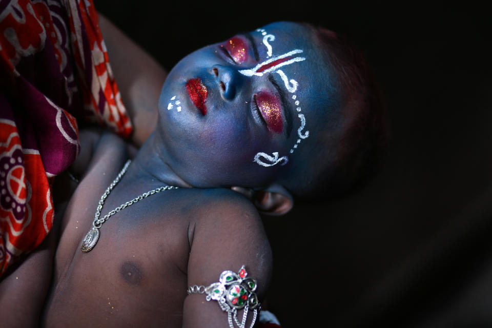 <p>A child dressed as Lord Krishna on the occasion of Janmashtami in Dhaka, Bangladesh. September 2, 2018 (Photo by Mushfiqul Alam/NurPhoto) </p>