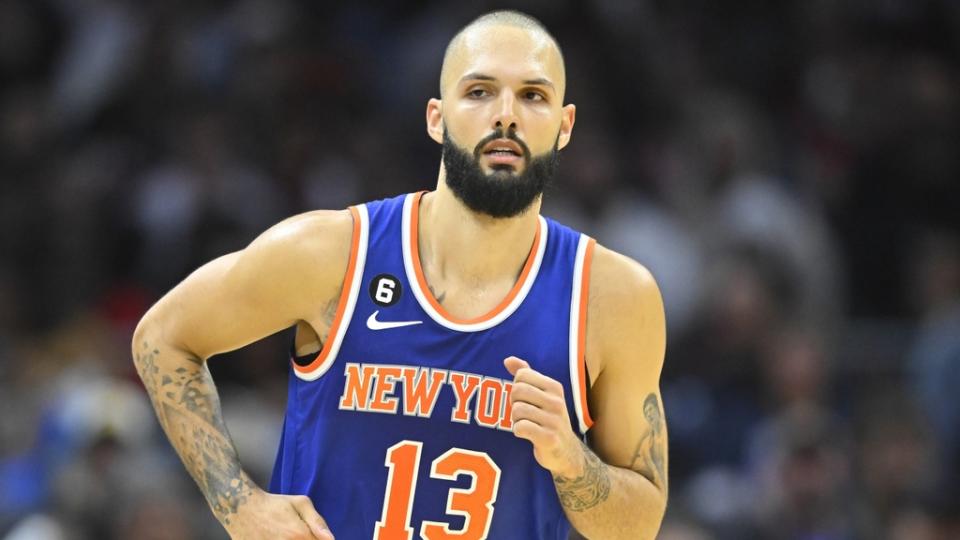 Oct 30, 2022; Cleveland, Ohio, USA; New York Knicks guard Evan Fournier (13) reacts after a three-point basket in the third quarter against the Cleveland Cavaliers at Rocket Mortgage FieldHouse.