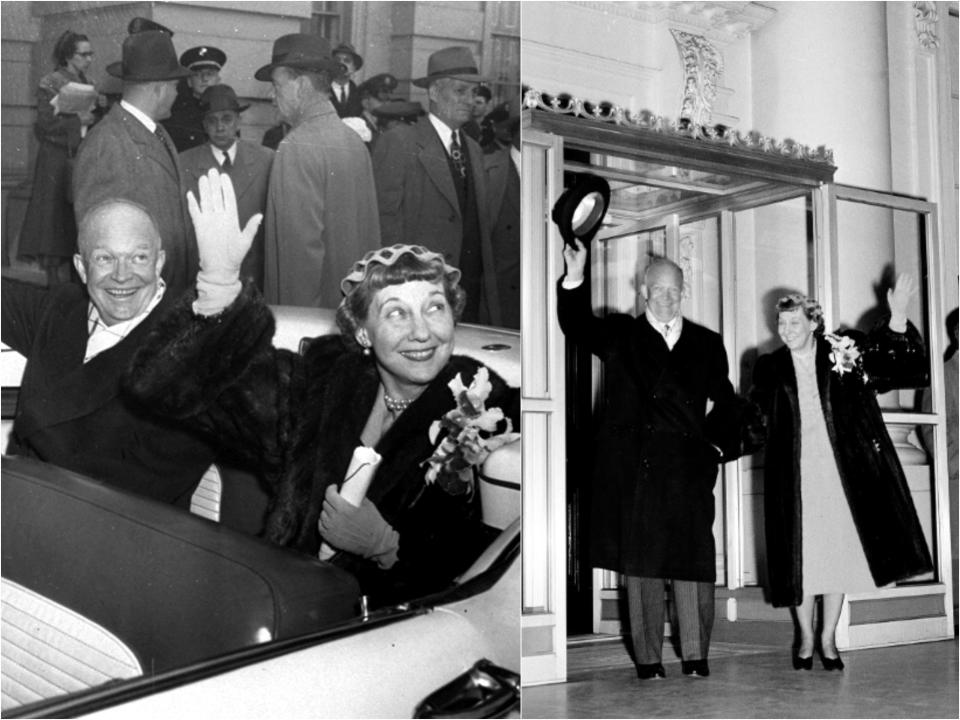 Side by side of the couple in a car with Mamie in a fur coat, flower pin, and hat next to a full length photo of the couple waiving.
