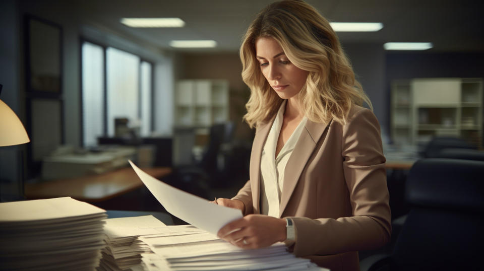 An accountant meticulously going over documents in her office, exemplifying the company's commitment to accuracy and detail.