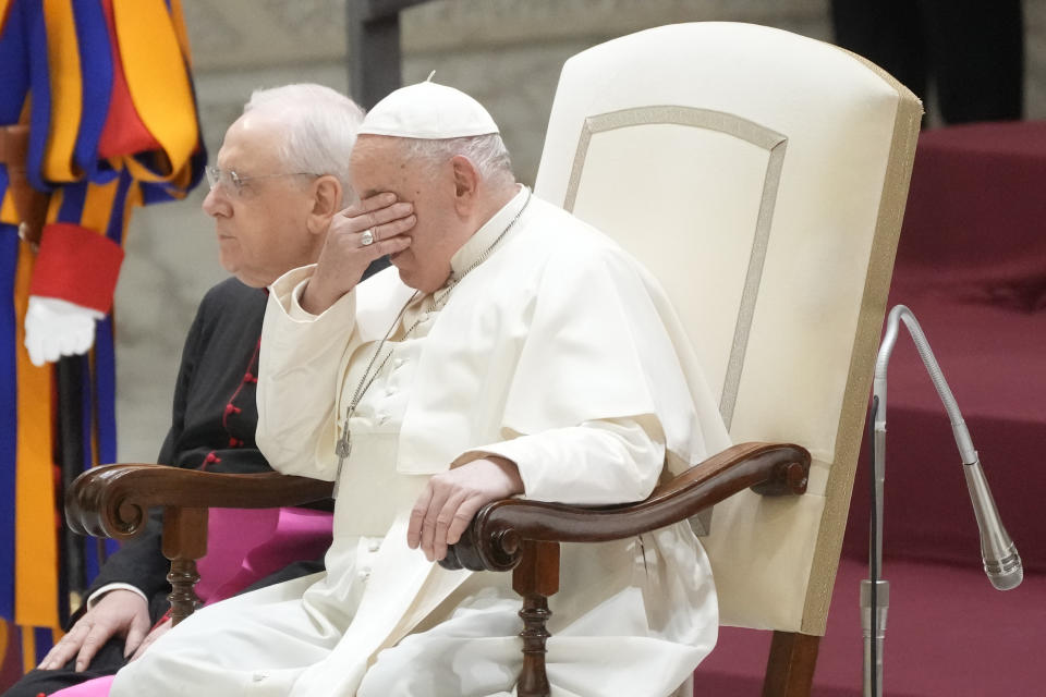 Pope Francis attends the weekly general audience at the Vatican, Wednesday, Dec. 13, 2023. (AP Photo/Gregorio Borgia)