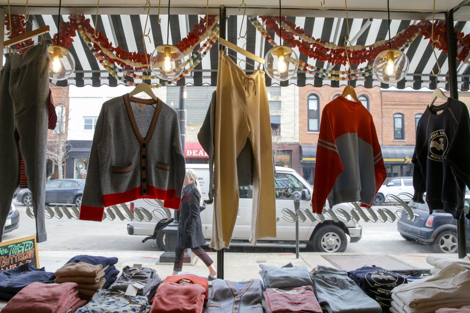 Clothes are displayed in the window of Catherine’s Friday, March 1, 2024 in Iowa City, Iowa.