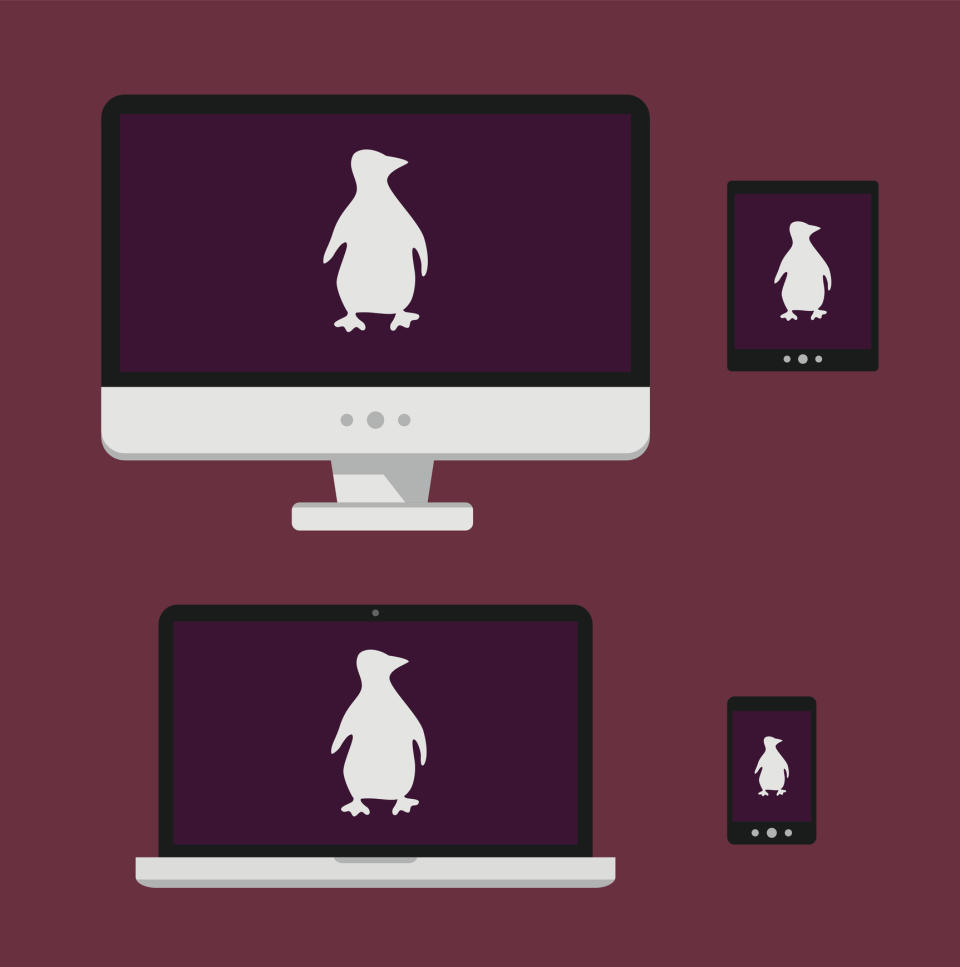 A desktop, laptop, tablet, and smartphone, all showing concept outline art of a penguin.