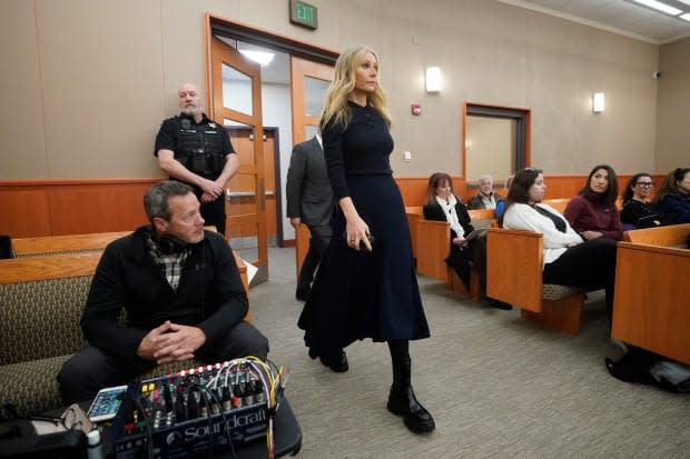 Paltrow in navy on day four. <p>Photo: Rick Bowmer-Pool/Getty Images)</p>