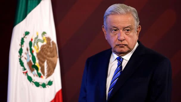 PHOTO: Mexican President Andres Manuel Lopez Obrador is shown at the daily morning press conference at the National Palace in Mexico City. on Feb. 20, 2023. (Eyepix via ZUMA Press Wire)