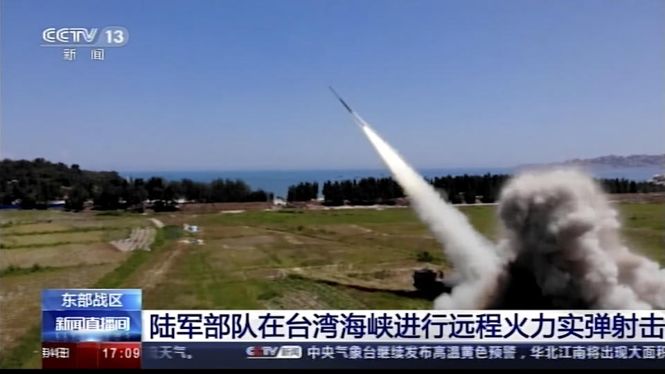 In this image taken from video footage run by China's CCTV, a projectile is launched from an unspecified location in China, Thursday, Aug. 4, 2022. China says it conducted "precision missile strikes" in the Taiwan Strait on Thursday as part of military exercises that have raised tensions in the region to their highest level in decades. (CCTV via AP)