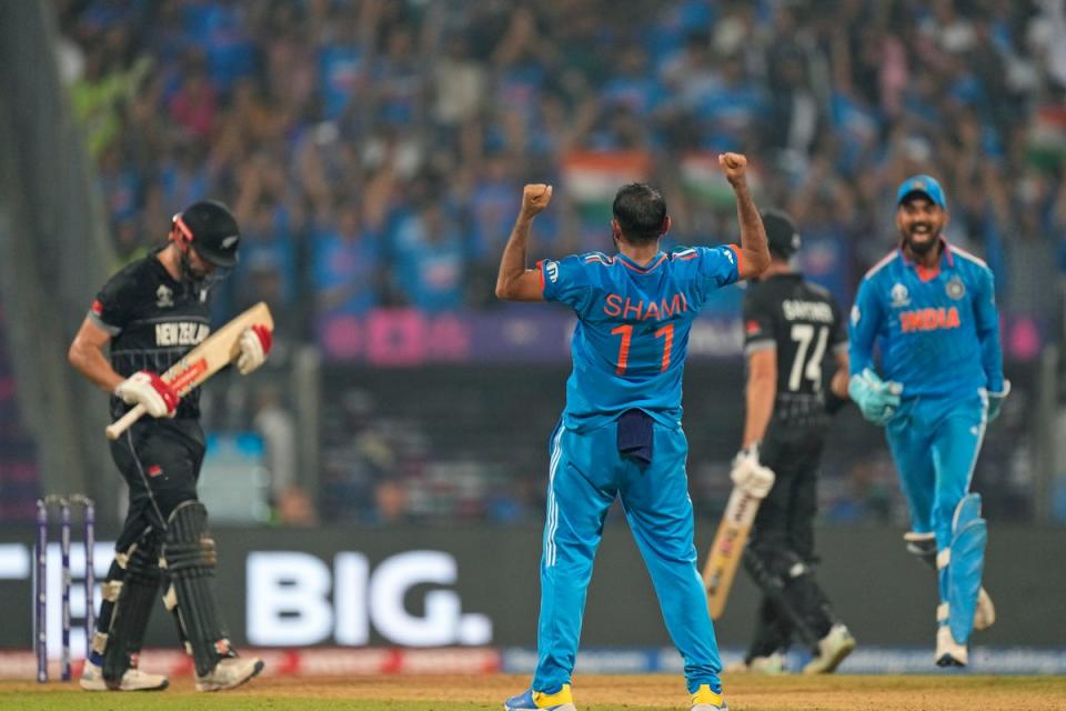 Shami celebrates the crucial wicket of Daryl Mitchell  (AP)