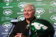New York Jets assistant general manager Rex Hogan answers questions from reporters during an NFL football pre-draft press conference on Tuesday, April 25, 2023, in Florham Park, N.J. (AP Photo/Noah K. Murray)
