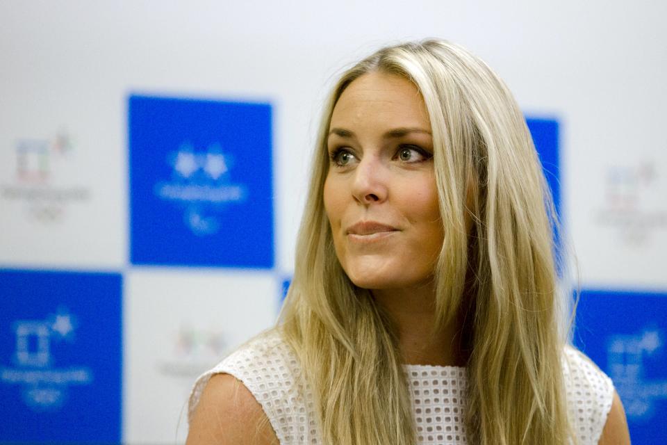 U.S. skier Lindsey Vonn reacts as she is asked about her relationship with golfer Tiger Woods during a news conference in Seoul