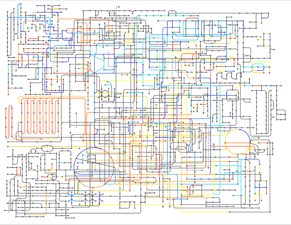 Diagram consisting of dense, interconnected multicolored lines and dots