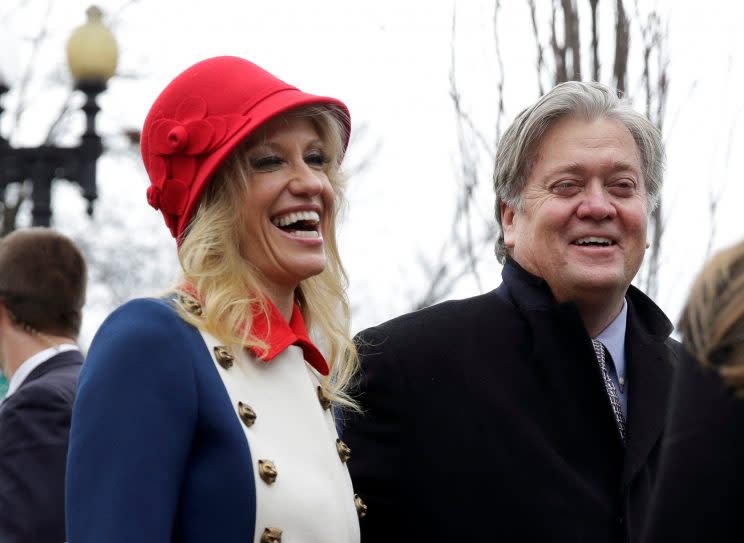 Kellyanne Conway and Steve Bannon, two of President Trump’s top advisers, during the inauguration. (Photo: Joshua Roberts/Reuters)