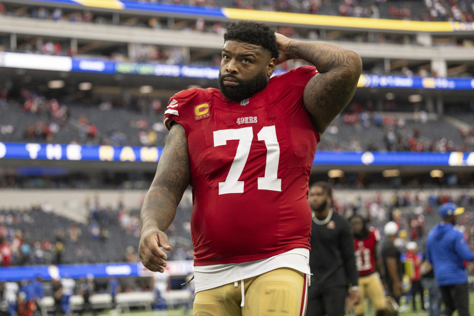 San Francisco 49ers offensive tackle Trent Williams (71) walks back to the locker room after an NFL football game against the Los Angeles Rams, Sunday, Sept. 17, 2023, in Inglewood, Calif. (AP Photo/Kyusung Gong)