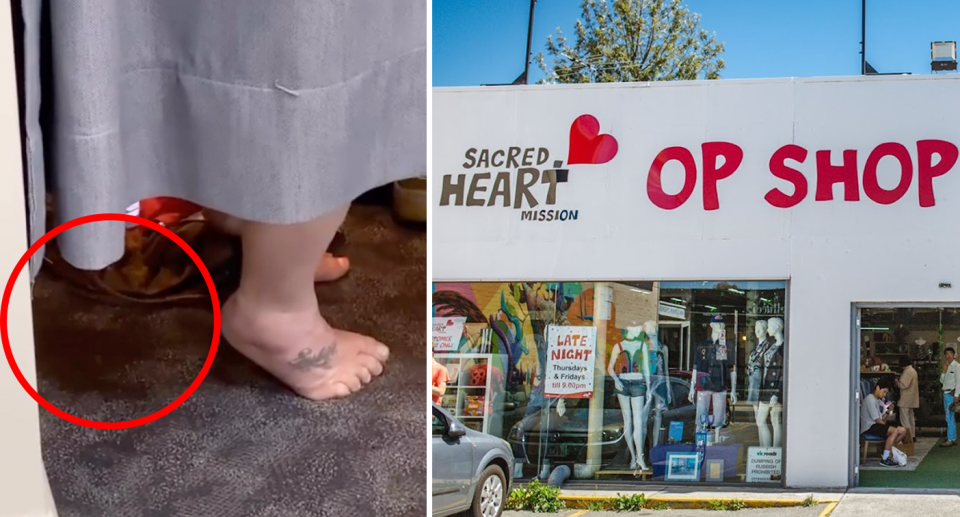 Left, the op shop act with the woman standing legs apart with urine trickling behind her. Right, the store front. 