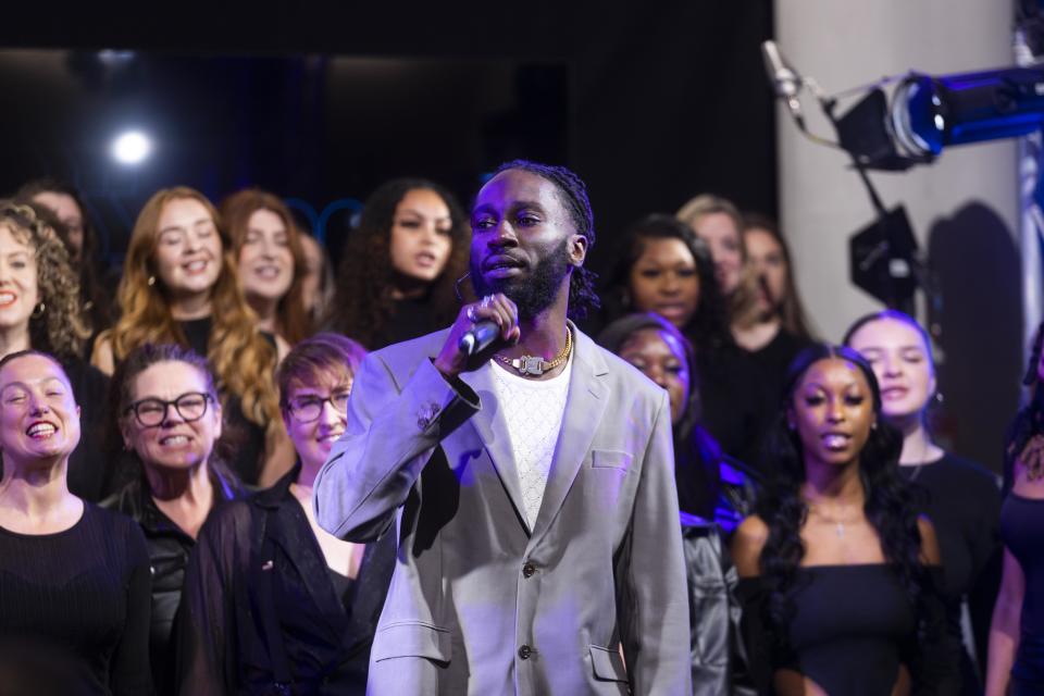 Kojey Radical performs at an event to celebrate the official opening of London College of Fashion (LCF), University of the Arts London’s new east London campus. 