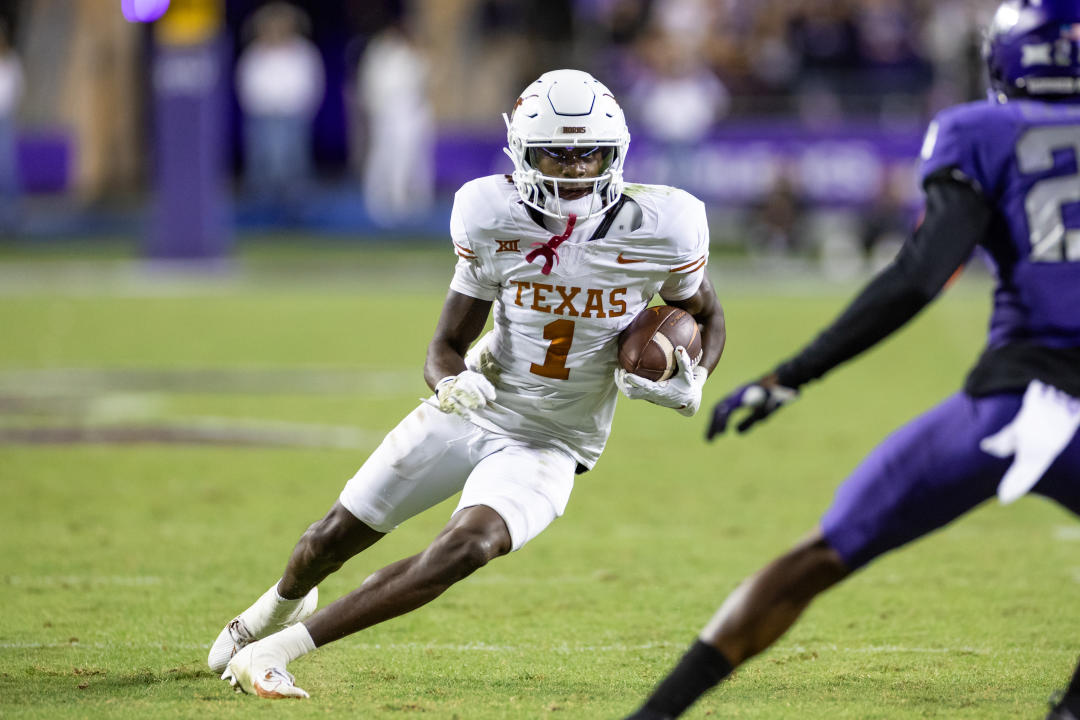 FORT WORTH, TX - NOVEMBER 11: Texas Longhorns wide receiver Xavier Worthy (#1) runs up field after a catch during the college football game between the Texas Longhorns and TCU Horned Frogs on November 11, 2023 at Amon G. Carter Stadium in Fort Worth, TX.  (Photo by Matthew Visinsky/Icon Sportswire via Getty Images)