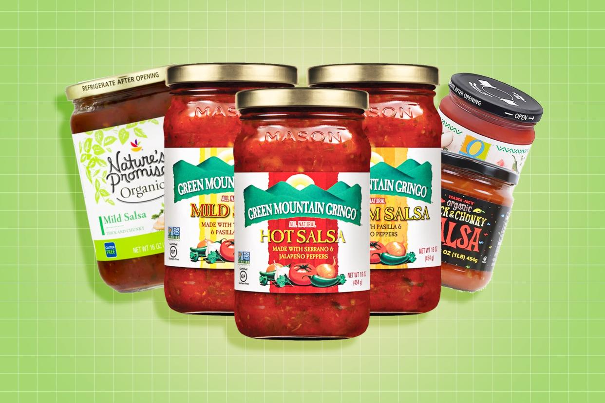 6 jars of salsa on a designed background