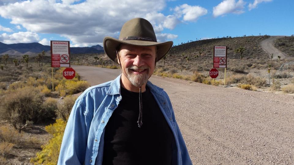 Arnu at the gates of the secretive Nevada military base (Courtesy of Joerg Arnu)