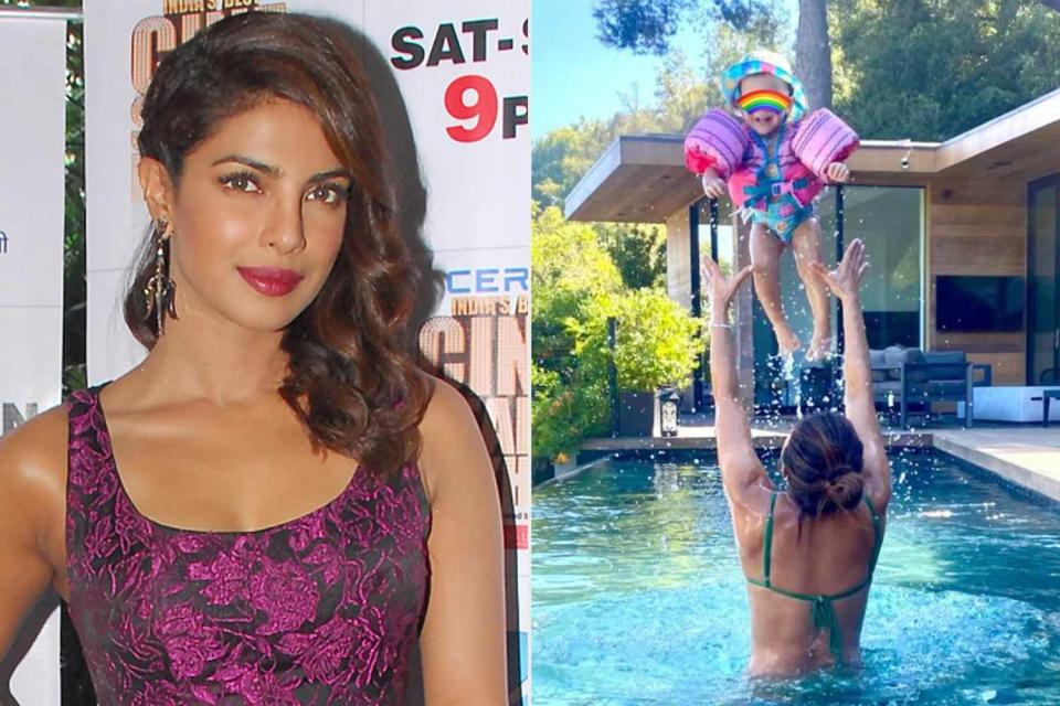 <p>Prodip Guha/Getty, Priyanka Chopra/Instagram</p> Priyanka Chopra (L), Priyanka Chopra Jonas tosses daughter Malti Marie, 20 months, in pool (R)