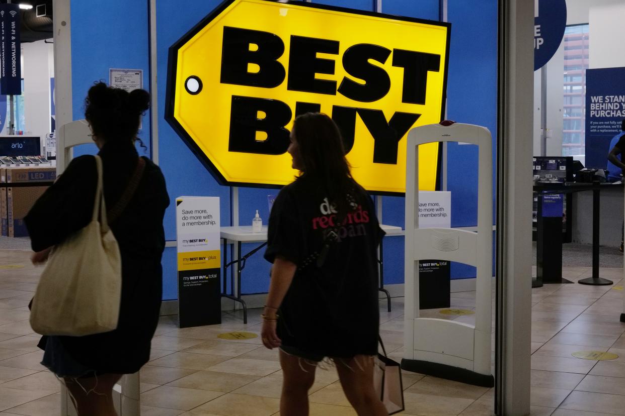 People walk into a Best Buy store in a Brooklyn mall on August 29, 2023 in New York City.