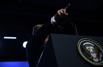 <p>resident Donald Trump gestures as he addresses a press conference on the second day of the North Atlantic Treaty Organization (NATO) summit in Brussels on July 12, 2018. (Photo: Brendan Smialowski/ AFP/Getty Images) </p>