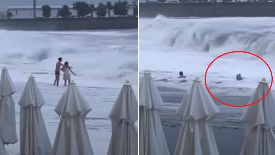 俄羅斯有對情侶在海灘曬恩愛時，女方意外被巨浪捲走。（圖／翻攝自YouTube@Наташа Крым - Тамань）