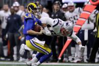 <p>Los Angeles Rams’ Jared Goff (16) gets sacked by New England Patriots’ Kyle Van Noy (53) during the first half of the NFL Super Bowl 53 football game Sunday, Feb. 3, 2019, in Atlanta. (AP Photo/John Bazemore) </p>