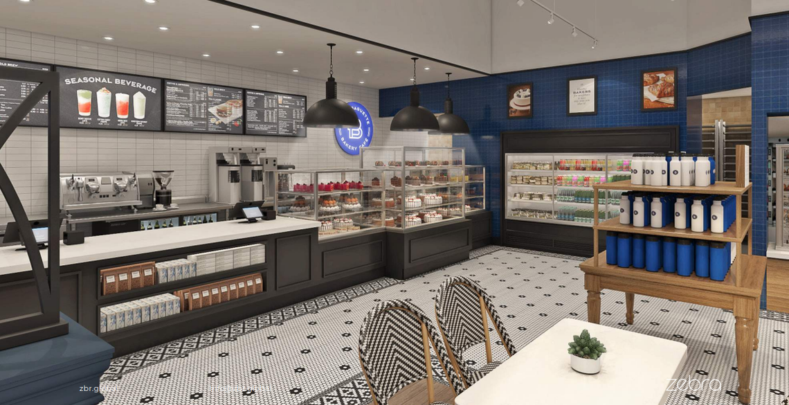 This rendering shows the inside of a Paris Baguette bakery.