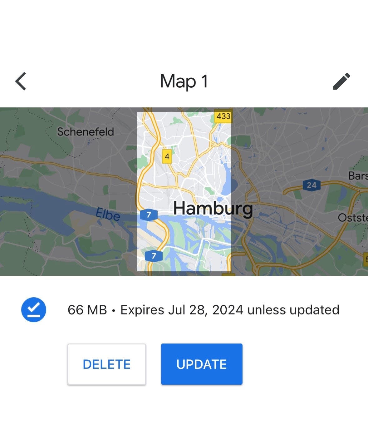 Screenshot showing the area of Hamburg I captured to navigate in Google Maps while offline.