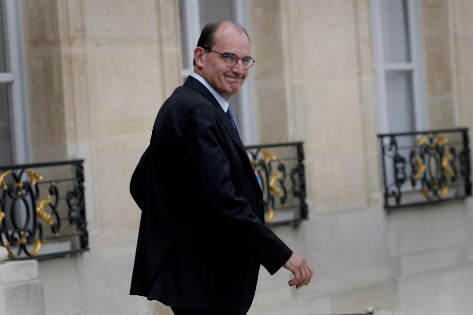 France's Prime Minister Jean Castex leaves after the weekly cabinet meeting at the Elysee Palace in Paris, Wednesday, July 15, 2020. (AP Photo/Christophe Ena)