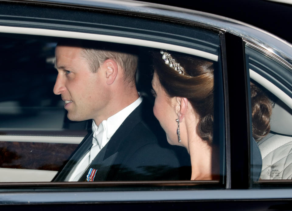 LONDON, UNITED KINGDOM - JUNE 03: (EMBARGOED FOR PUBLICATION IN UK NEWSPAPERS UNTIL 24 HOURS AFTER CREATE DATE AND TIME) Prince William, Duke of Cambridge and Catherine, Duchess of Cambridge depart Kensington Palace to attend a State Banquet at Buckingham Palace on day 1 of US President Donald Trump's State Visit to the UK on June 3, 2019 in London, England. President Trump's three-day state visit will include lunch with the Queen, and a State Banquet at Buckingham Palace, as well as business meetings with the Prime Minister and the Duke of York, before travelling to Portsmouth to mark the 75th anniversary of the D-Day landings. (Photo by Max Mumby/Indigo/Getty Images)