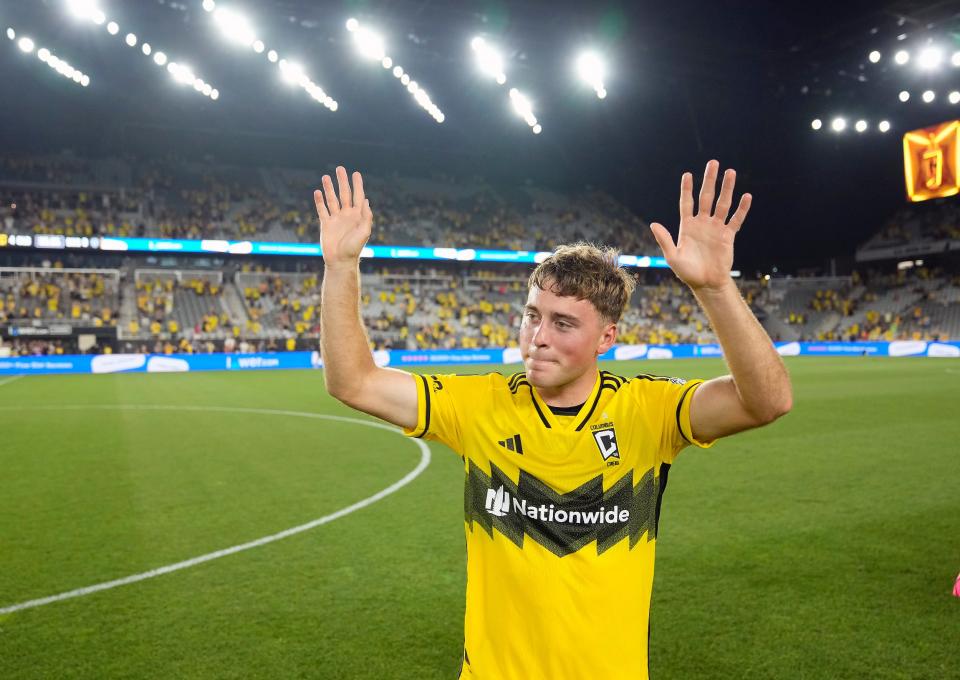 Jun 22, 2024; Columbus, OH, USA; Columbus Crew midfielder Aidan Morris (8) waves goodbye to the Crew fans after beating Sporting KC 4-0 during their MLS game at Lower.com Field.