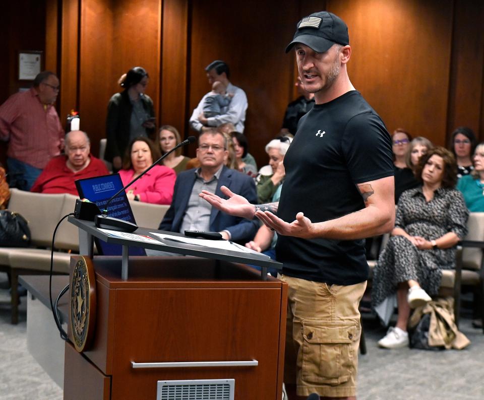 Eddie Pugh addresses the Abilene City Council Oct. 26, 2023, criticizing City Manager Robert Hanna’s performance. Pugh has been charged with stalking after protesting outside Hanna’s home within the last month.