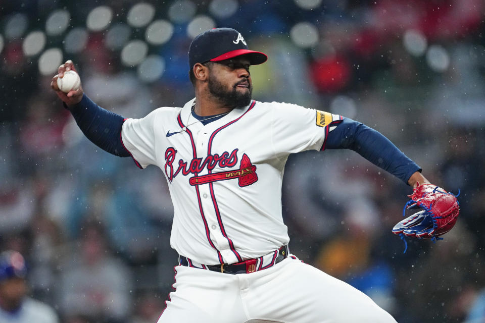 Atlanta Braves pitcher Reynaldo López delivers to a New York Mets batter in the sixth inning of a baseball game Tuesday, April 9, 2024, in Atlanta. (AP Photo/John Bazemore)