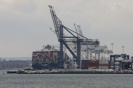 A cargo ship is pictured in port during a stoppage at New Jersey ports, January 29, 2016. REUTERS/Brendan McDermid