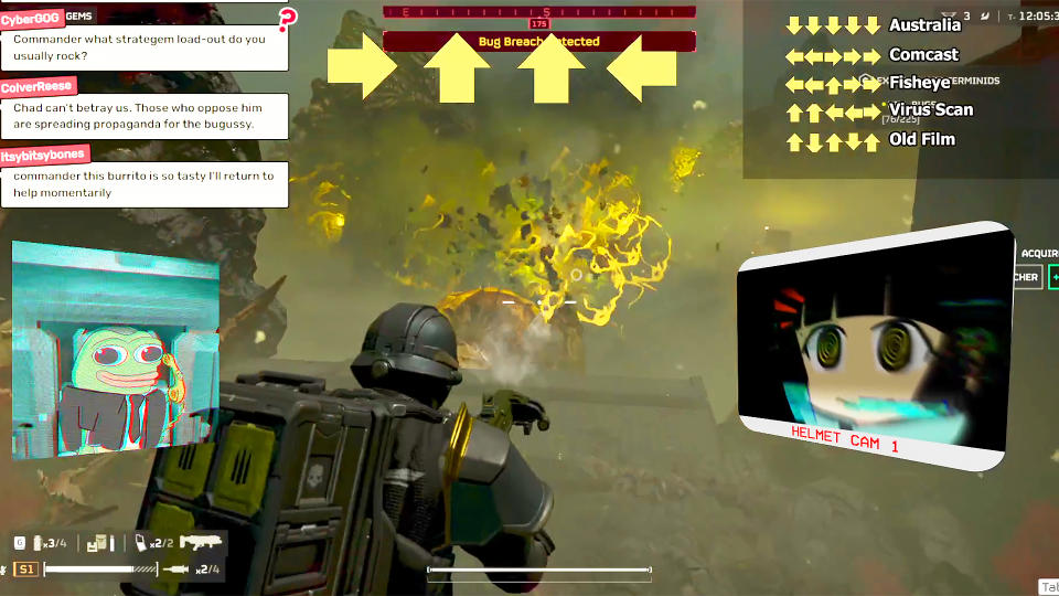  Screenshot of a Twitch stream where a vtuber plays Helldivers 2 while chat inputs arrow commands. 