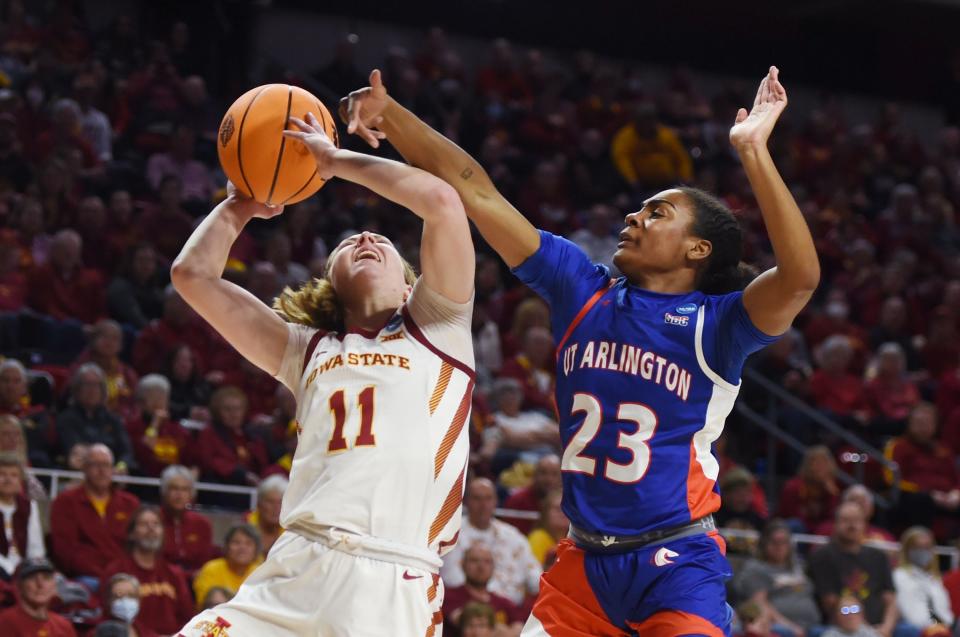Iowa State's Emily Ryan (11) shoots as Texas-Arlington guard Camryn Hawkins (23) attempts to block during the second quarter of Friday's game in Ames.