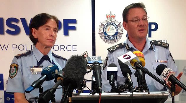 The NSW Police Deputy Commissioner and AFP Deputy Commissioner Michael Phelan address the media in Sydney. Photo: AAP