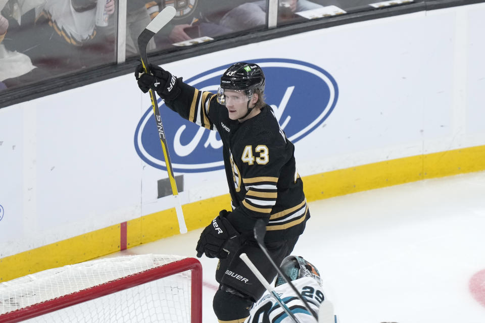 Boston Bruins left wing Danton Heinen celebrates his goal in the second period of an NHL hockey game against the San Jose Sharks, Thursday, Nov. 30, 2023, in Boston. (AP Photo/Steven Senne)